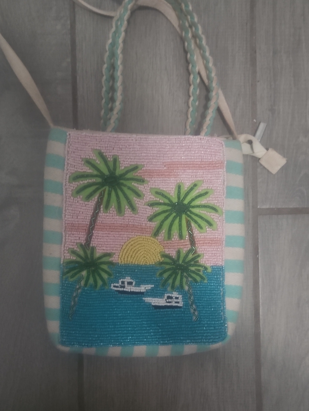 Striped Beaded Palm-Scene Crossbody Bag - Turquoise & Pink